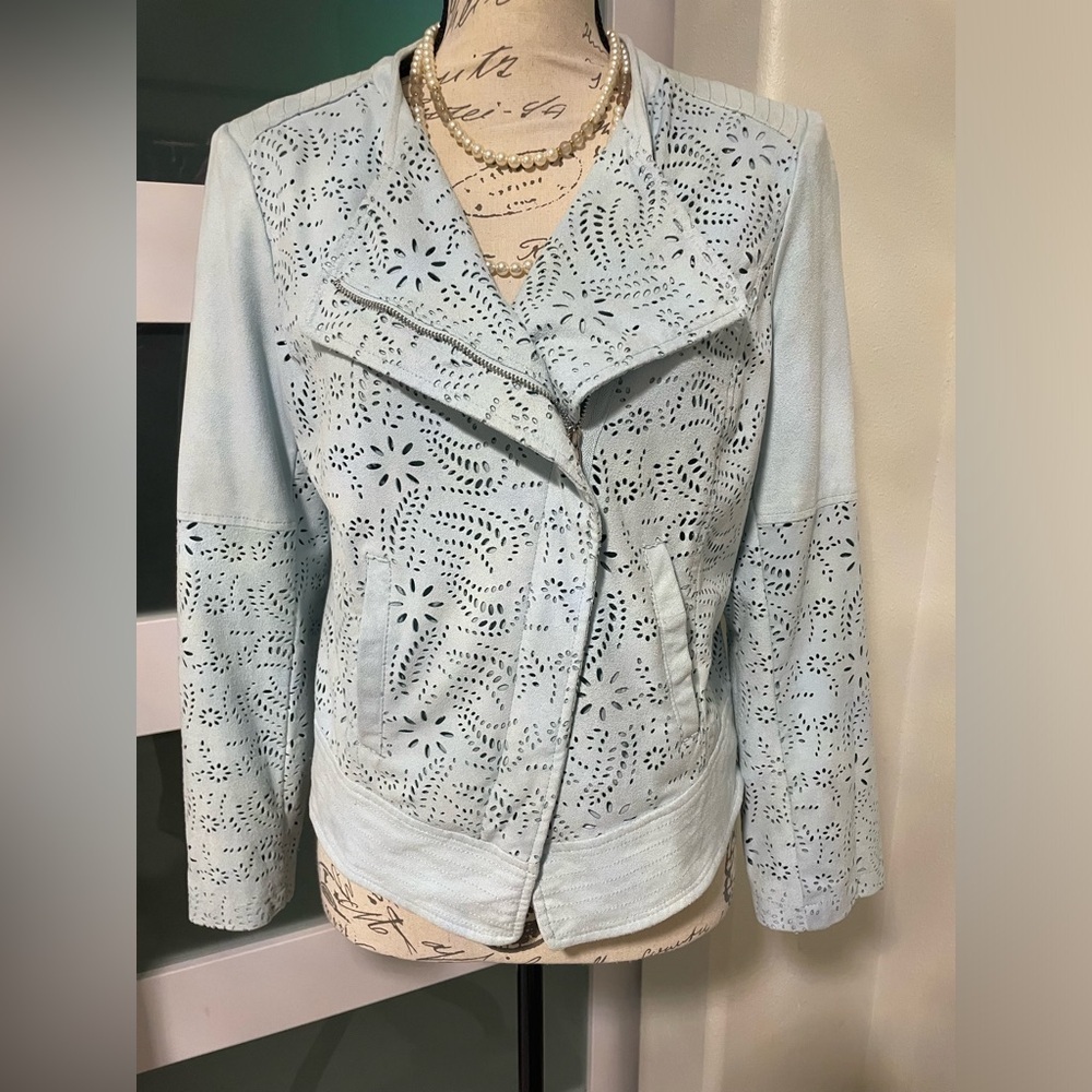 Chico’s Light Blue Cut Out Angle Zip Full Suede Jacket SZ 0 ( small) …